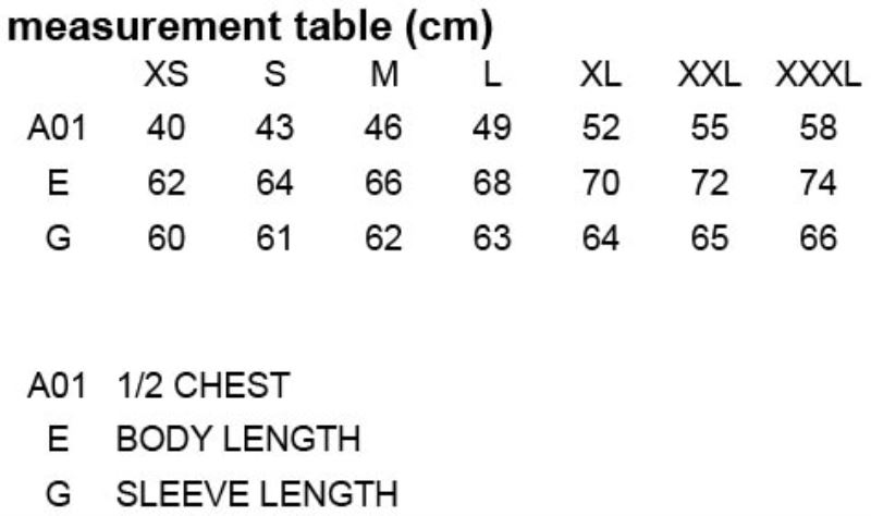 Grössentabelle 40.1565